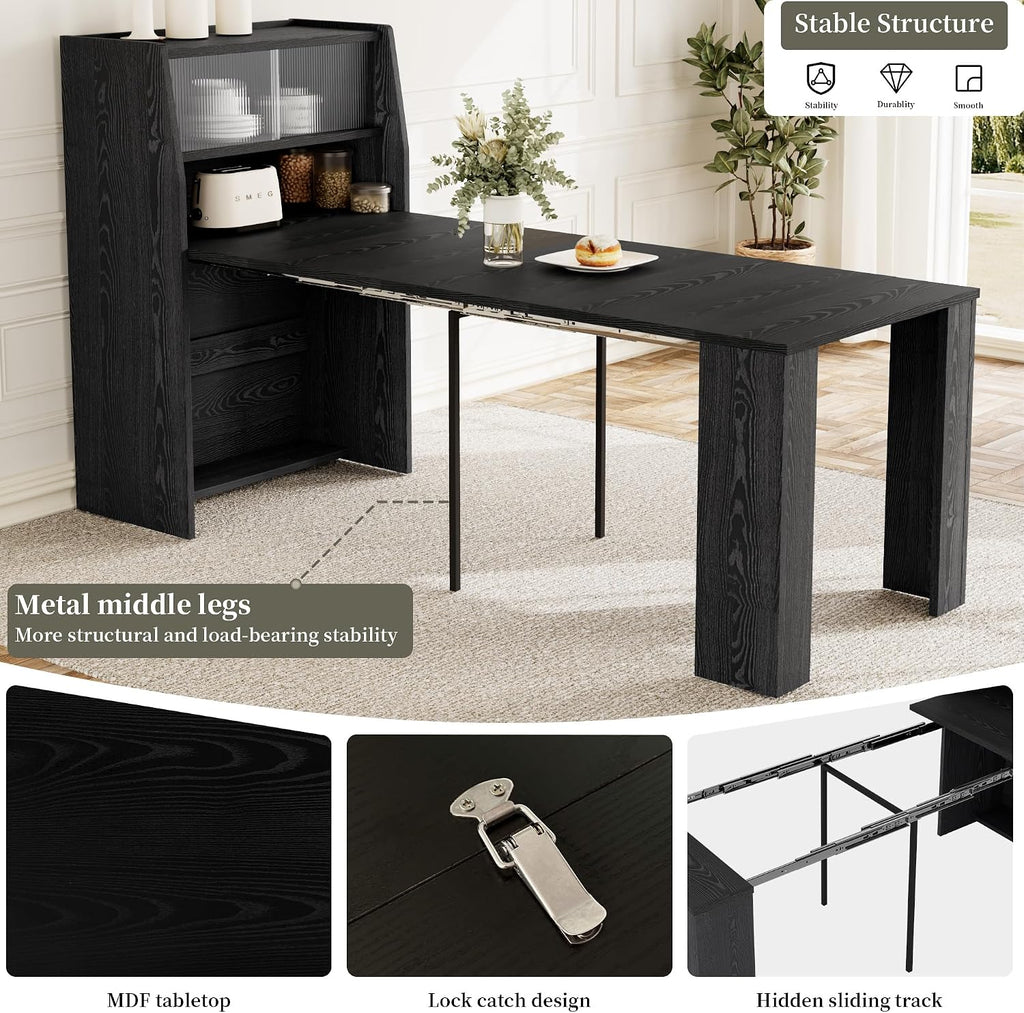 HIPIHOM 86.6" Extendable Dining Table for 4-6, MDF, Storage Cabinet | Retractable Console Table, Storage Cabinet for Kitchen or Dining Room, Ideal for Small Space, Apartment, Family Meal