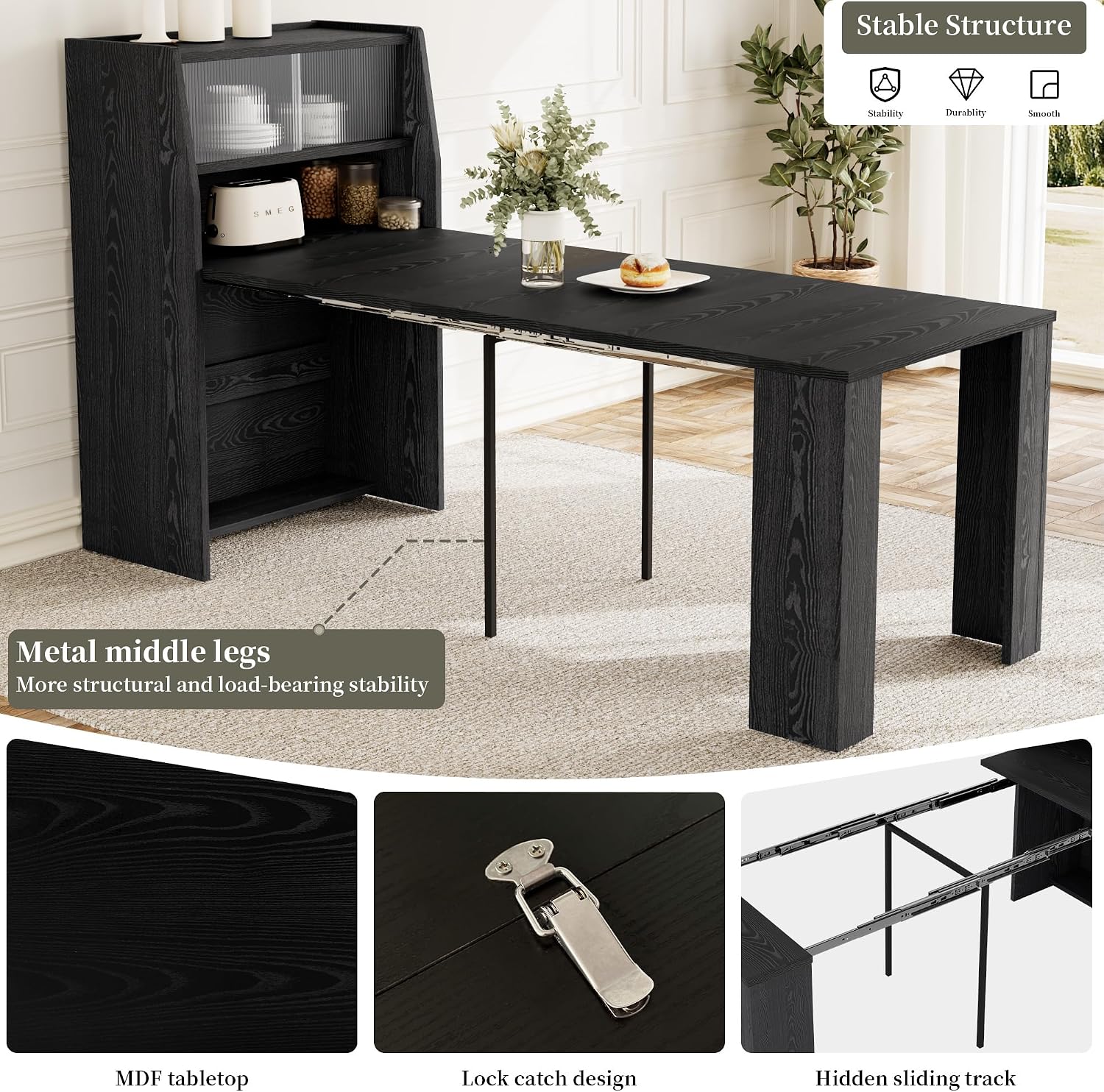 HIPIHOM 86.6" Extendable Dining Table for 4-6, MDF, Storage Cabinet | Retractable Console Table, Storage Cabinet for Kitchen or Dining Room, Ideal for Small Space, Apartment, Family Meal