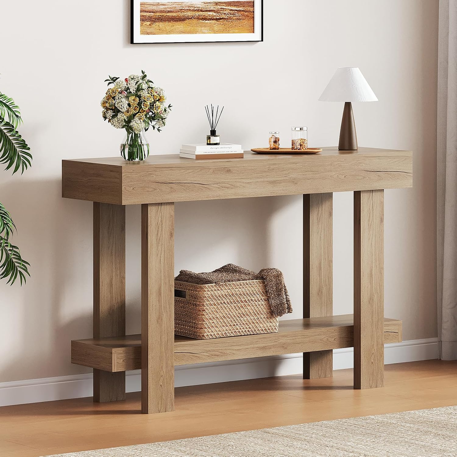 Console Table for Entryway, 47.2" Narrow Farmhouse Sofa Table with Thick Tabletop & Storage Shelf, 2-Tier Modern Wooden Entryway Industrial Table for Hallway, Living Room, Foyer, Behind Couch, Natural