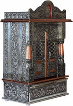 Oxidized Metal Pooja Mandir with Doors and Drawer, Silver, Ganesha Embossed, Traditional Hindu Temple