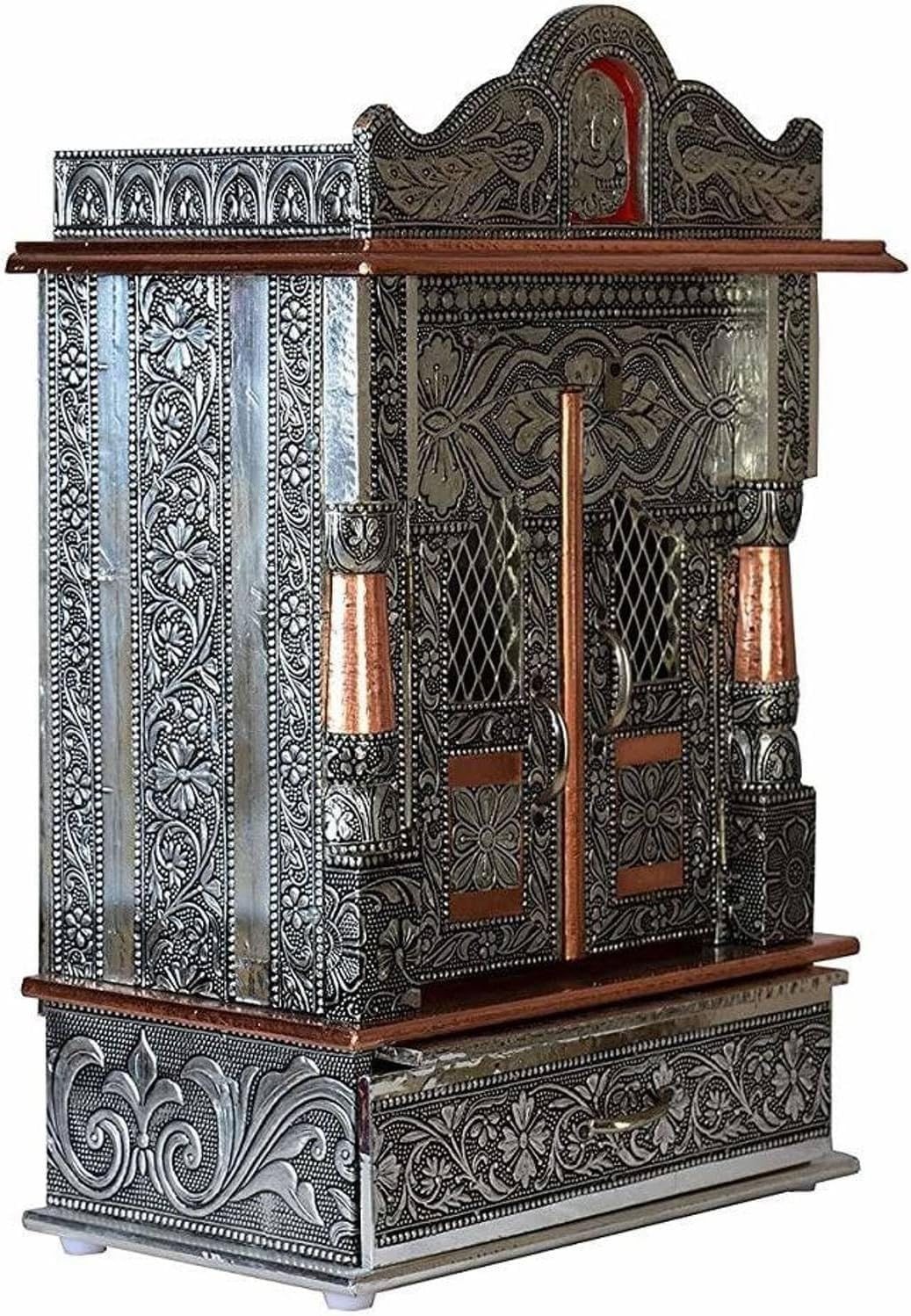 Oxidized Metal Pooja Mandir with Doors and Drawer, Silver, Ganesha Embossed, Traditional Hindu Temple