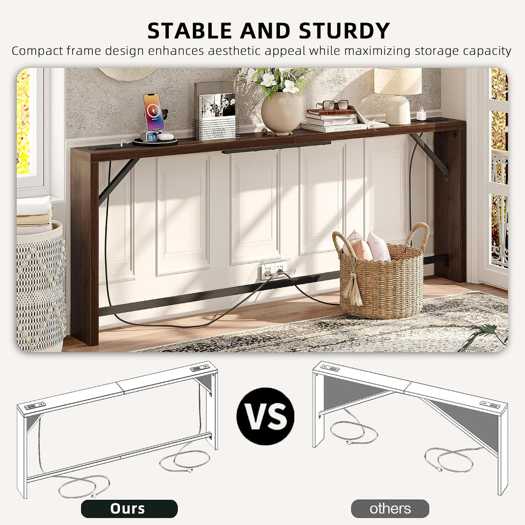 TIQLAB Sofa Table, 79 inch (1.2'' Thickness) Long Console Table Behind Couch, Narrow Entryway Table with Angled Metal Frame, Industrial Console Table, Black Walnut