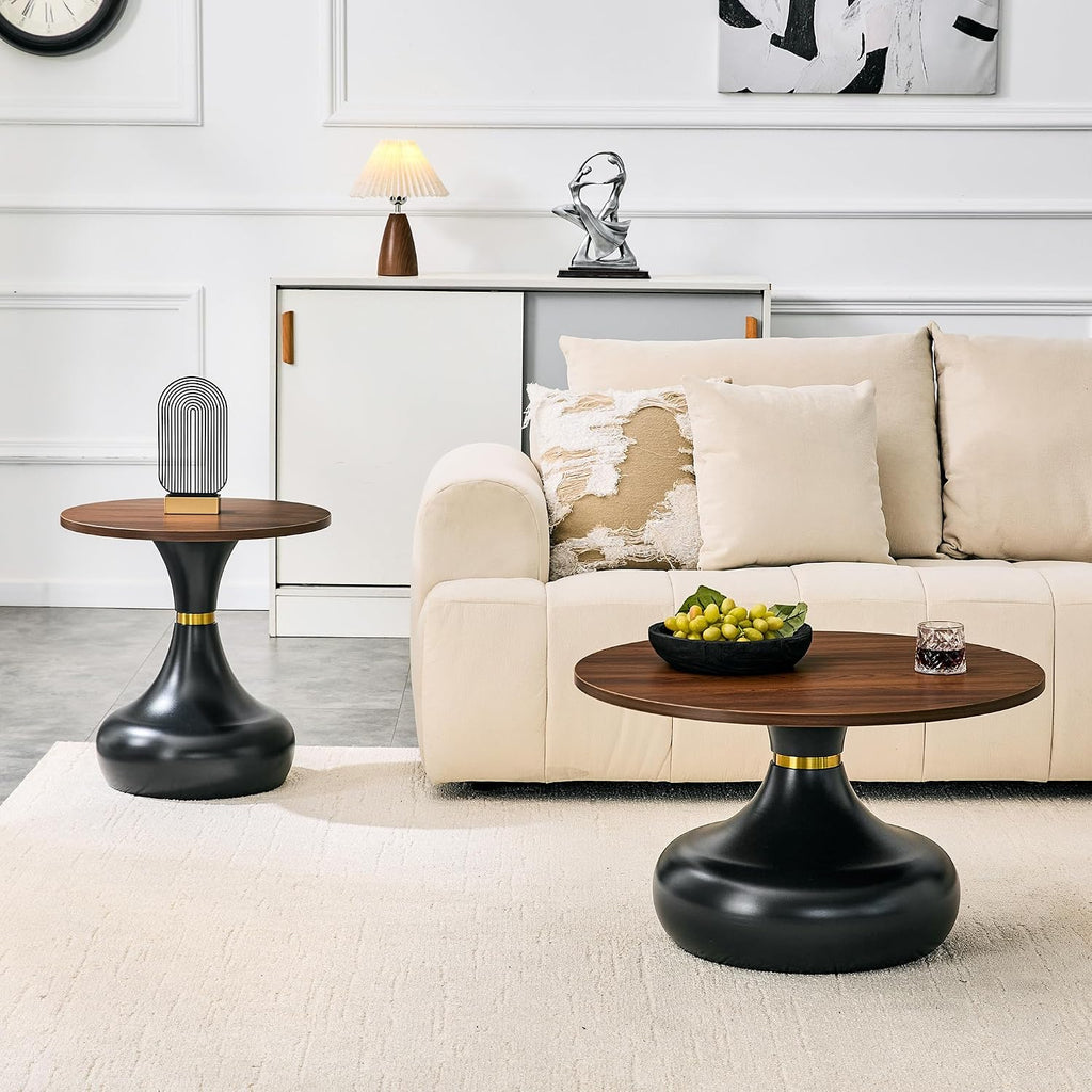 Nesting Coffee Table Set of 2, Modern Rustic Round Wood Center Table Set | French Luxury Circle Tea Table Set with Pedestal Base for Living Room, Apartment, Bedroom, Reception Room, Black and Walnut