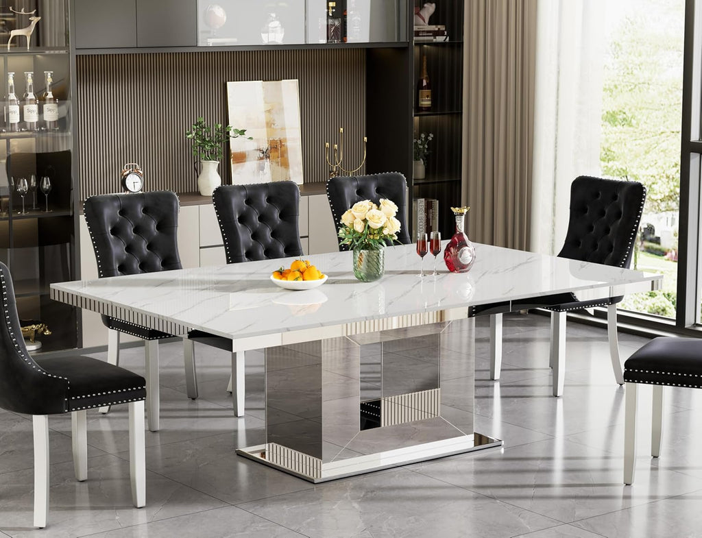 94 in Large Extendable Dining Table for 6 8 10, White Marble Pattern Top & Silver Mirrored Base, 3 Position Expansion 63" to 94", Modern Luxury Expandable Dining Room Table for Dinner Family Gathering