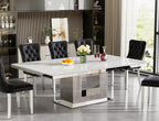 94 in Large Extendable Dining Table for 6 8 10, White Marble Pattern Top & Silver Mirrored Base, 3 Position Expansion 63" to 94", Modern Luxury Expandable Dining Room Table for Dinner Family Gathering