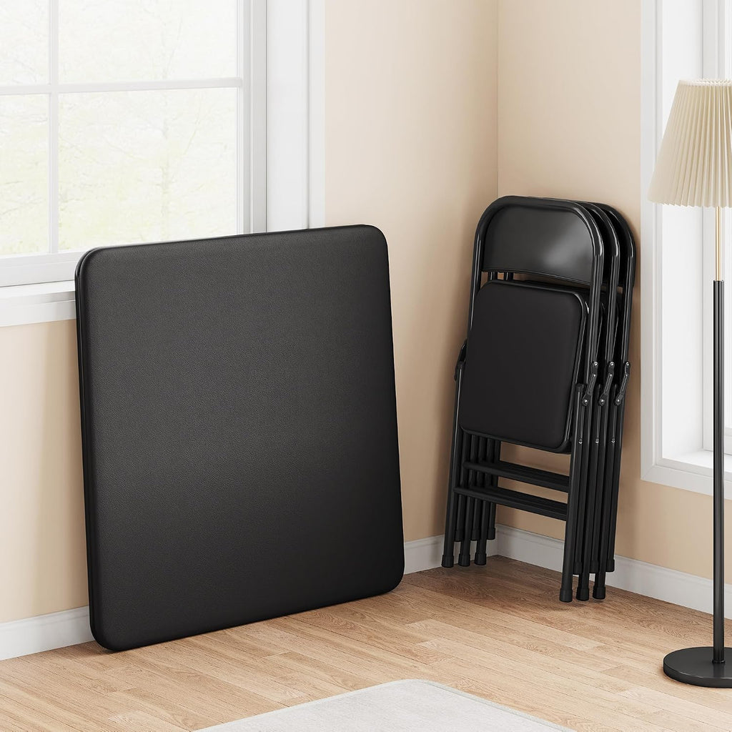 Folding Portable Card Table and Foldable Chair Set of 5, Pu Upholstered Foldable Chairs and Table With Metal Frame, Folding Table and Chair Suitable for Dining Room, Living Room, Office, Camping-Black
