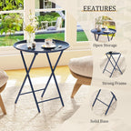 Garden 4 you Folding TV Tray Table, Metal Round Side Table, Blue Dinner Table with Metal Frame, Modern Outdoor Tray Table for Living Room, Bedroom, Patio & Small Spaces, 2 Packs