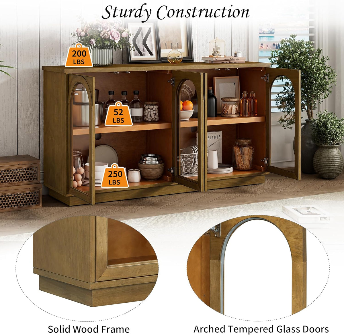 SOFTSEA Farmhouse 58" Sideboard with Adjustable Shelves, Glass Arch Buffet Cabinet for Kitchen and Living Room, Old Pine