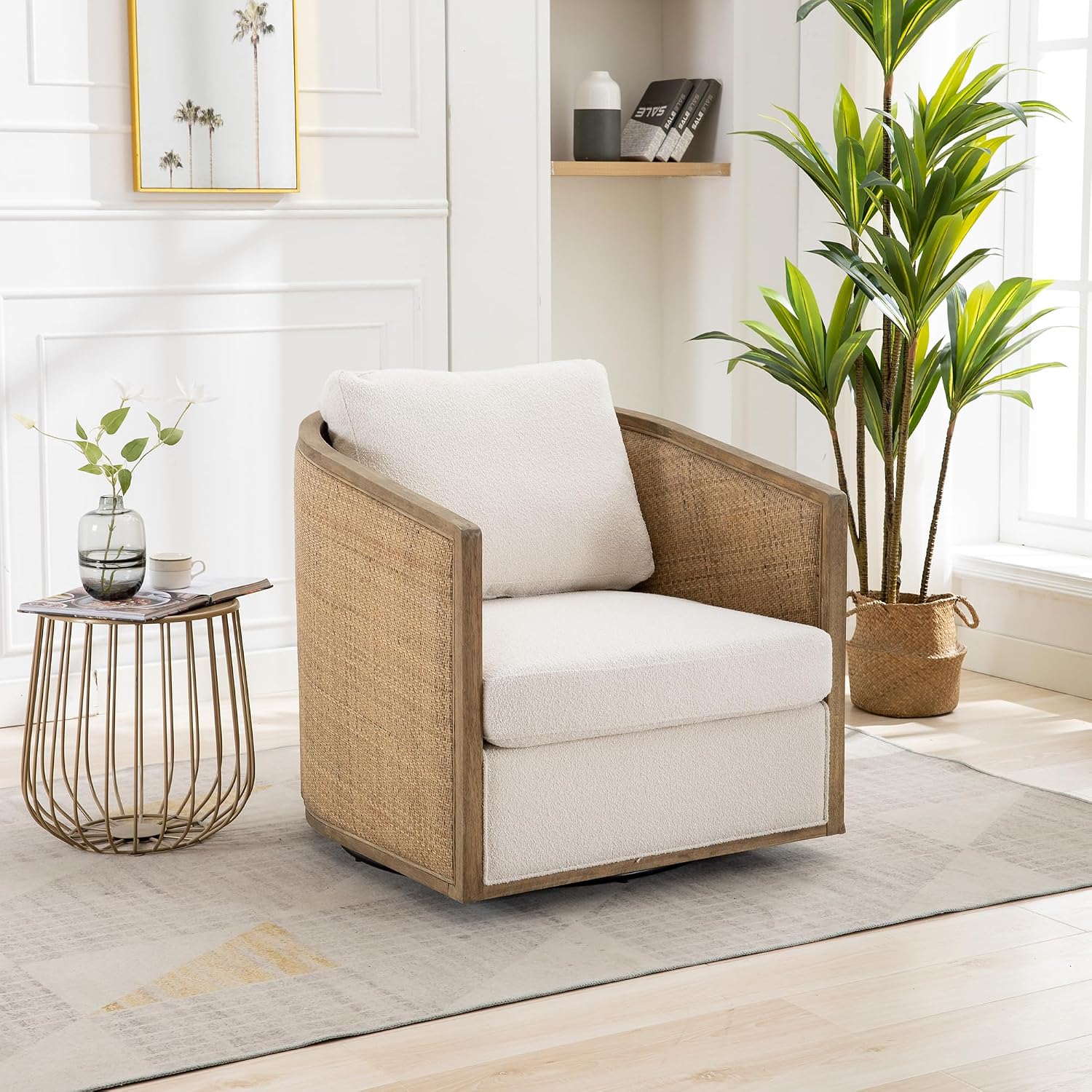 Anwick Brown Swivel Barrel Chair & Rattan Accent Chair, Modern Club Chair, Small Chair, Corner Chairs & Reading Chair for Bedroom, Living Room, Reading Nook, Adults (Beige Boucle)