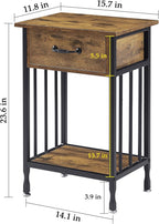 VECELO Nightstands, Industrial Side Table/End Tables with Drawer and Storage Shelf, Night Stands for Bedroom, Living Room, Wood Metal Furniture, Easy Assembly