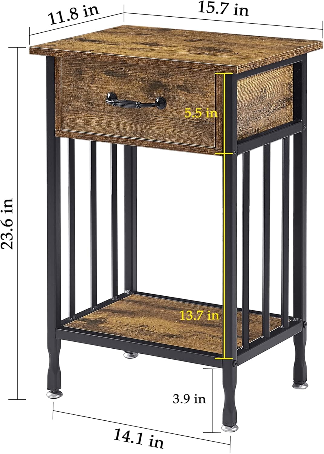 VECELO Nightstands, Industrial Side Table/End Tables with Drawer and Storage Shelf, Night Stands for Bedroom, Living Room, Wood Metal Furniture, Easy Assembly