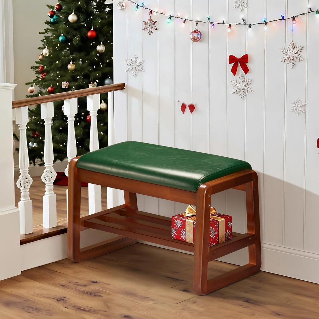 HABUTWAY Solid Wood Shoe Rack, Entryway Shoe Bench with Cushion, 2 Tier Shoes Organizer for Entryway, Hallway, Living Room-(Green,21.65"-S)