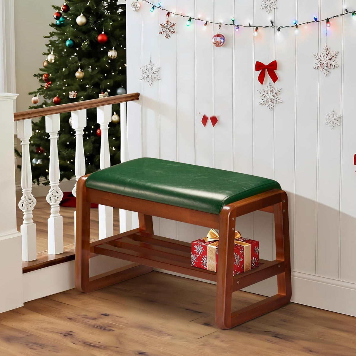HABUTWAY Solid Wood Shoe Rack, Entryway Shoe Bench with Cushion, 2 Tier Shoes Organizer for Entryway, Hallway, Living Room-(Green,21.65"-S)
