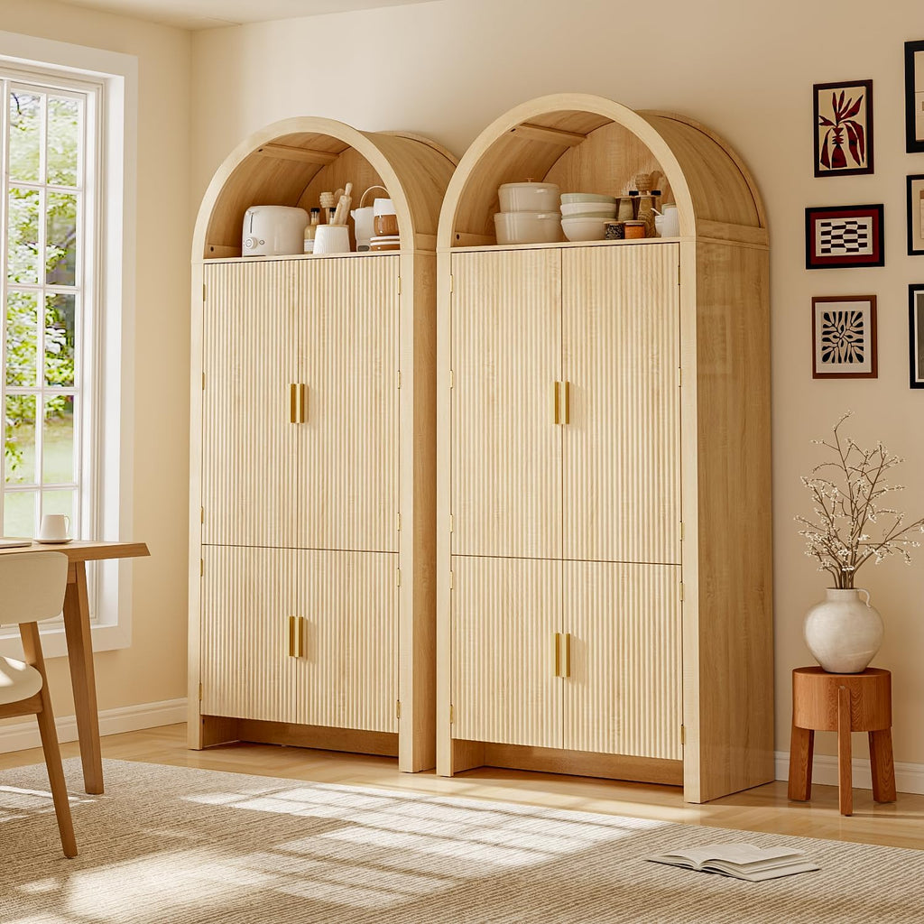 OFIKA 71" Arched Kitchen Pantry Cabinet, Fluted Wood Storage with 3 Shelves | 3 Adjustable Shelves & 6 Door Shelves, Modern Organizer for Kitchen & Bathroom, Natural Wood Finish, Sturdy Fluted Design