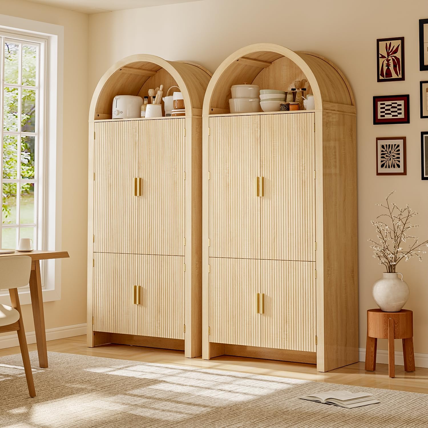 OFIKA 71" Arched Kitchen Pantry Cabinet, Fluted Wood Storage with 3 Shelves | 3 Adjustable Shelves & 6 Door Shelves, Modern Organizer for Kitchen & Bathroom, Natural Wood Finish, Sturdy Fluted Design