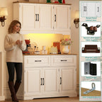 71" Tall 47" Wide Large Pantry Storage Cabinet w/ Power Outlet,LED Light,Farmhouse Kitchen Hutch Food Pantry Cabinet,2 Drawer,8 Doors Shelves,Open Countertop for Kitchens,Dining Room,white