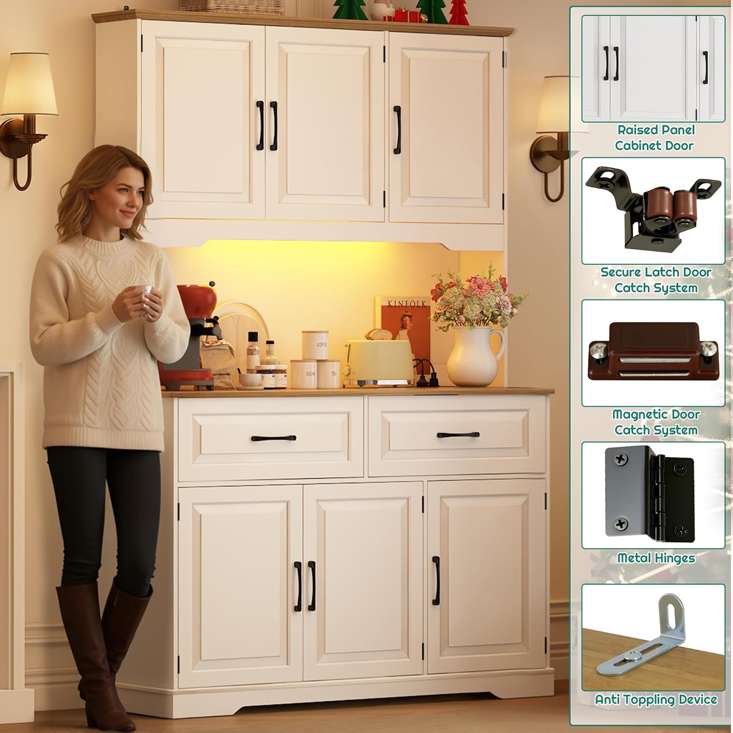 71" Tall 47" Wide Large Pantry Storage Cabinet w/ Power Outlet,LED Light,Farmhouse Kitchen Hutch Food Pantry Cabinet,2 Drawer,8 Doors Shelves,Open Countertop for Kitchens,Dining Room,white