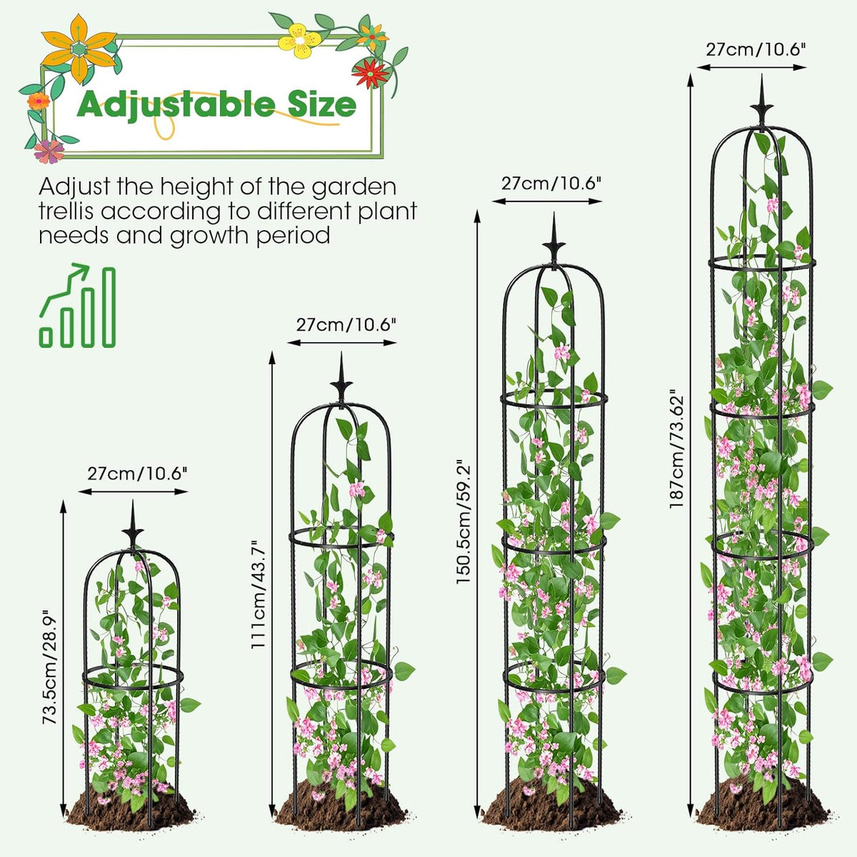 Tower Obelisk Garden Trellis for Climbing Plant，73.6inch Rustproof Metal Potted Plant Climbing Support for Indoor Outdoor Flowers Vegetable Fruits Vines Support （1pcs）