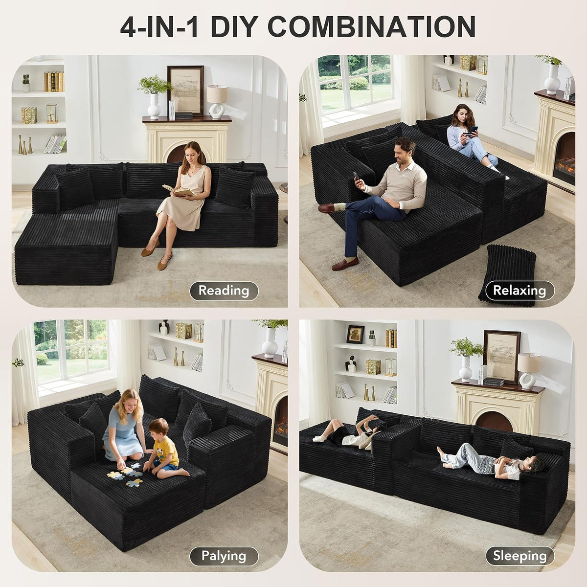 106" L Shaped Modular Cloud Sectional Sofa with Cushions, Black | 4-in-1 DIY Combination, Ultra-Wide Corduroy Fabric, No Assembly Required, Right Hand Facing Couch for Living Room