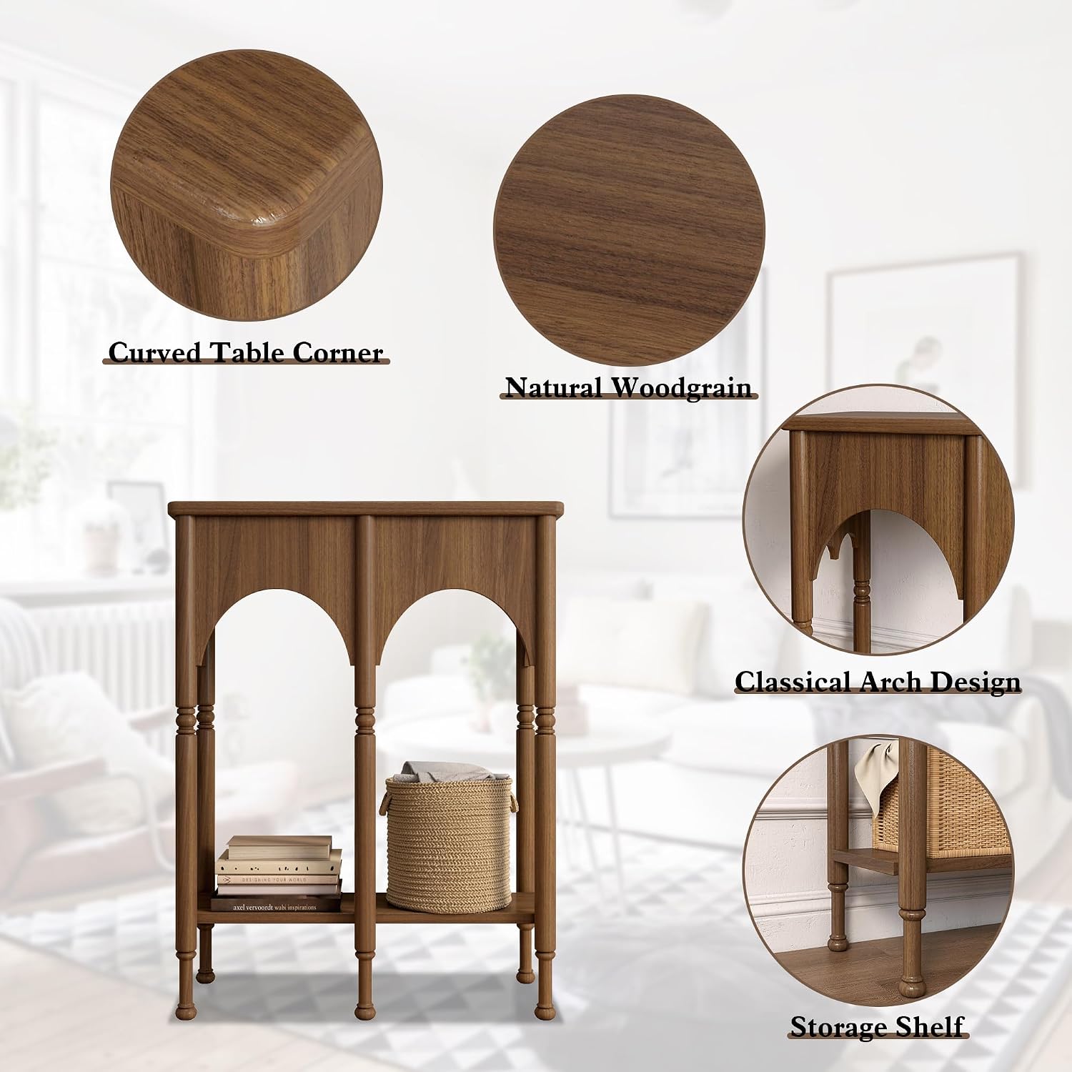 Console Table with Storage Shelf, 28" Retro 2-Tier Entryway Table, Wooden Sofa Table with Roman-Style Legs for Living Room, Hallway, Brown