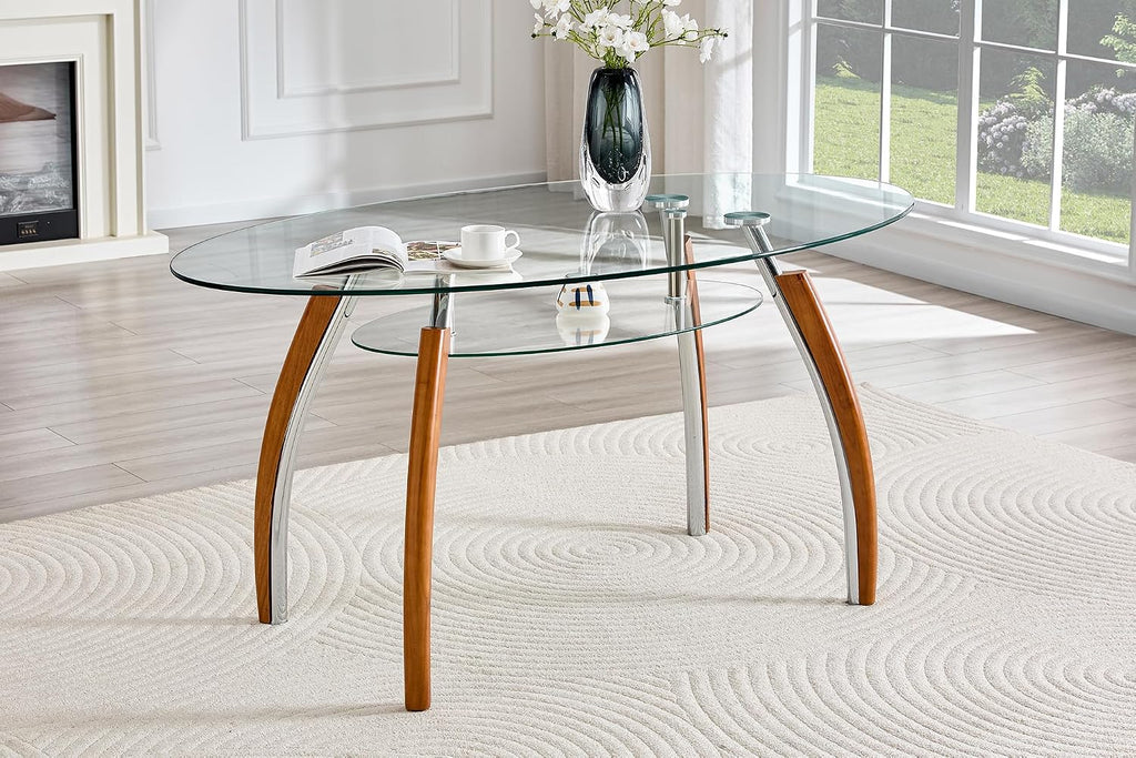 62.87" Glass Dining Table for 4-6, Modern Oval Dining Room Table with 0.39" Tempered Glass Top and Storage Shelf, Kitchen Dinner Table with Silver Electroplated Metal & Solid Rubber Wood Legs