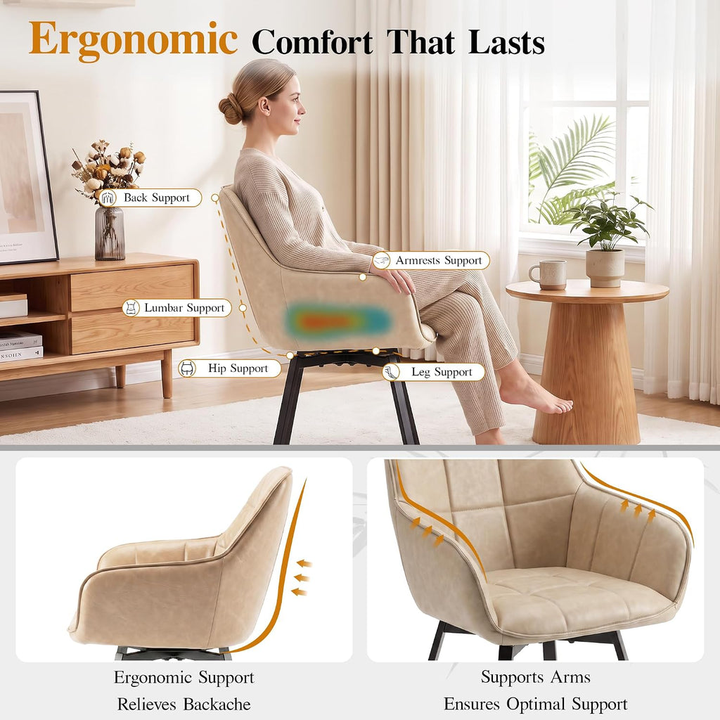TUKAILAi Swivel Dining Chairs Set of 4, Faux Leather Dining Chairs with Arms & Metal Legs, Upholstered Mid Century Rotatable Kitchen Chairs for Living Room Bedroom Kitchen Restaurant (Cream)
