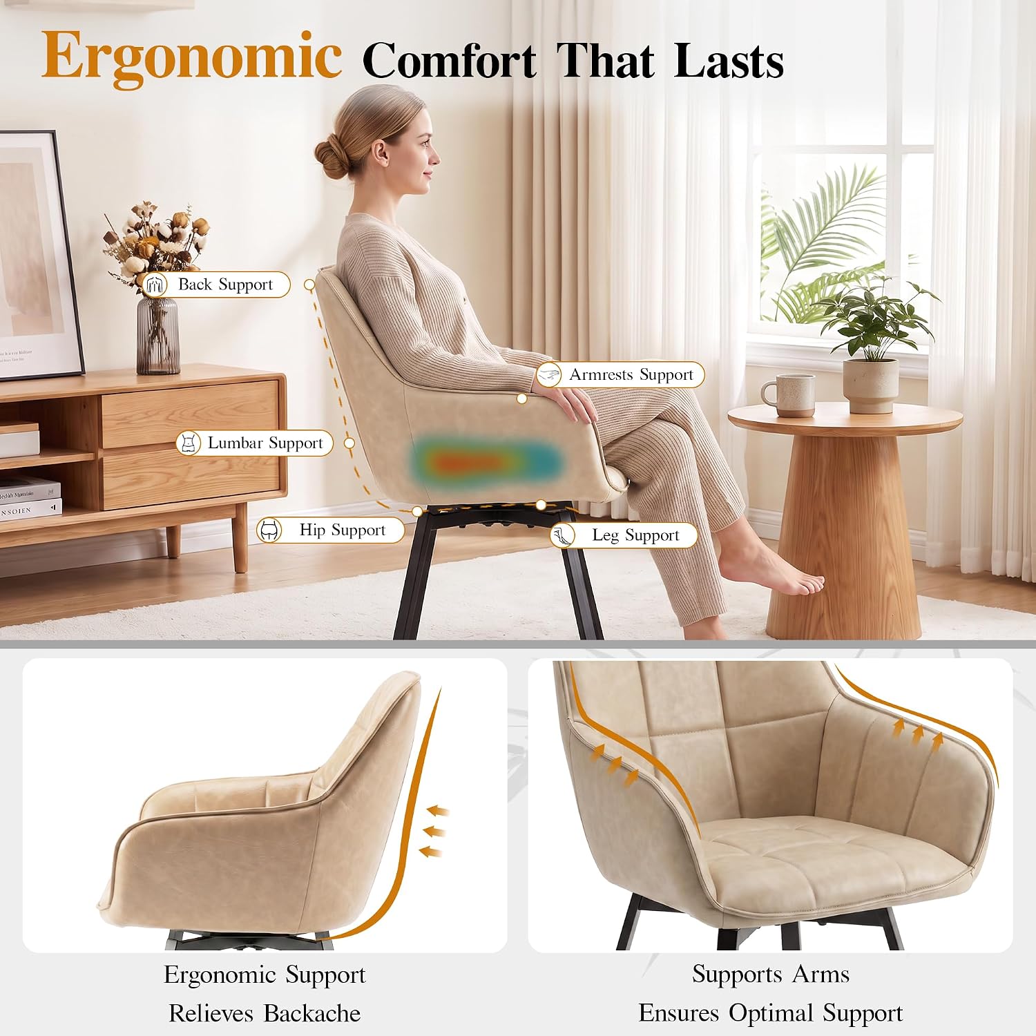 TUKAILAi Swivel Dining Chairs Set of 4, Faux Leather Dining Chairs with Arms & Metal Legs, Upholstered Mid Century Rotatable Kitchen Chairs for Living Room Bedroom Kitchen Restaurant (Cream)