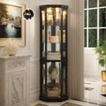 70" Lighted Corner Curio Cabinet, Curved Wood China Display Case with Tempered Glass Doors & Adjustable Shelves, Light Bulb Included, Tall Wine Storage Rack for Bar and Liquor Storage (Black)