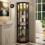 70" Lighted Corner Curio Cabinet, Curved Wood China Display Case with Tempered Glass Doors & Adjustable Shelves, Light Bulb Included, Tall Wine Storage Rack for Bar and Liquor Storage (Black)