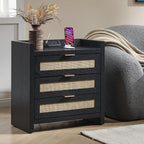 SICOTAS Nightstands Set of 2 : Rattan Tall Bedside Table with 3 Drawers | Farmhouse Boho Night Stand with Type-C Charging Station, Storage, Larger End Table Side Table for Bedroom Office