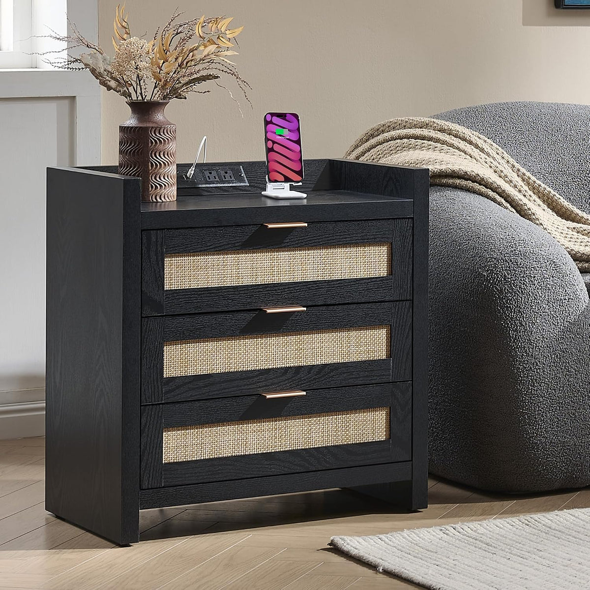 SICOTAS Nightstands Set of 2 : Rattan Tall Bedside Table with 3 Drawers | Farmhouse Boho Night Stand with Type-C Charging Station, Storage, Larger End Table Side Table for Bedroom Office