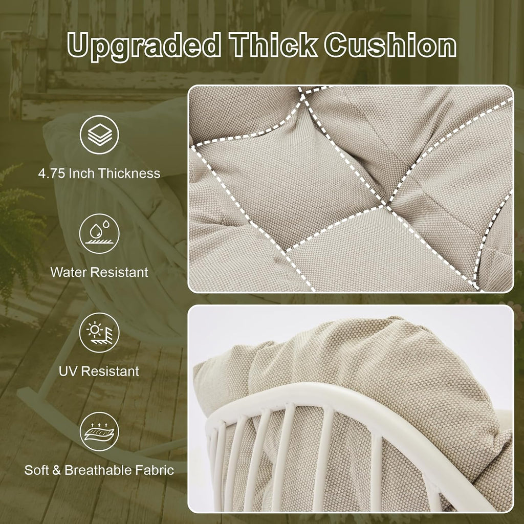 Oversized Outdoor Rocking Chair, Patio Papasan Egg Chair, Rocker Reading Lounge with Thick Cushion, Comfy Indoor Rocker Chair for Bedroom, Living Room, Porch, Poolside