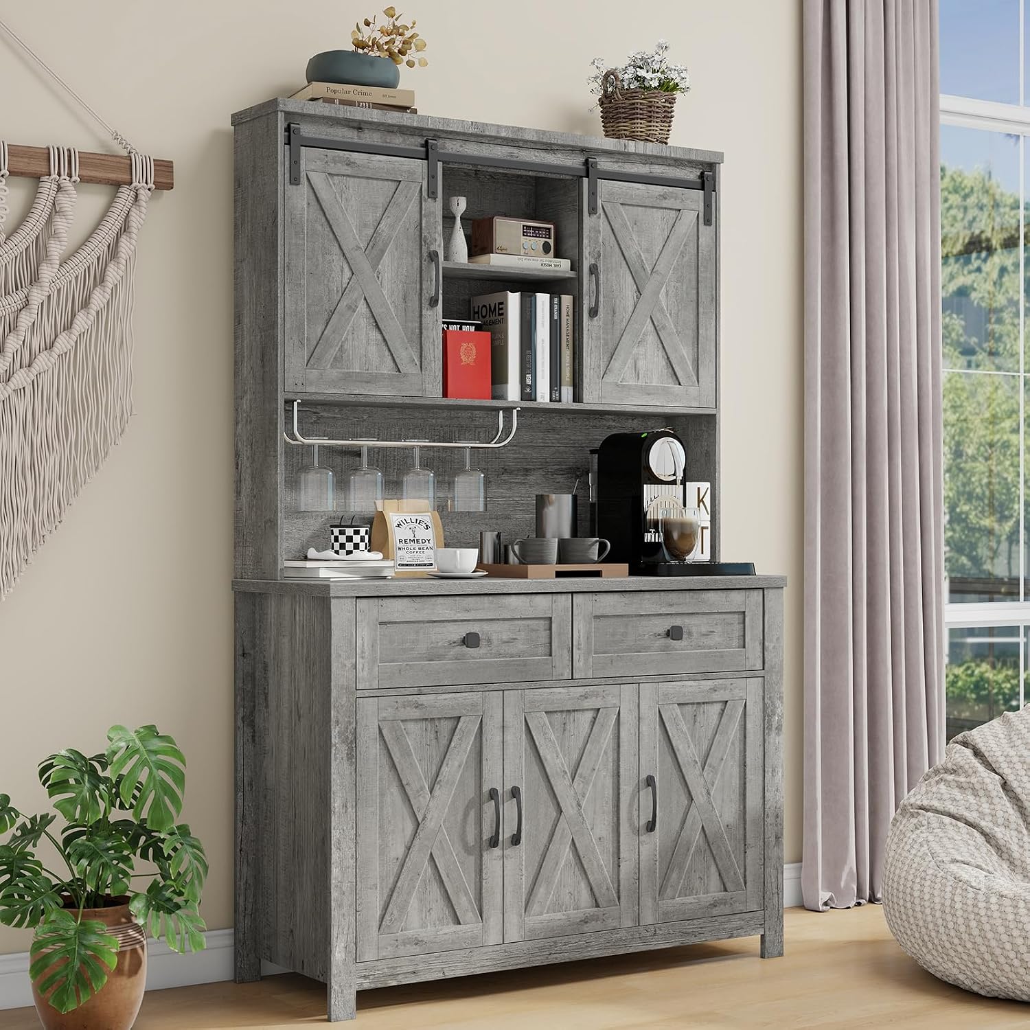 Vabches 67.7 Inch Farmhouse Pantry Storage Cabinet with Sliding Barn Doors, 2 Drawer Farmhouse Coffee Cabinet with Adjustable Shelf, Side Board with Buffet Cupboard for Kitchen, Livingroom.Gray