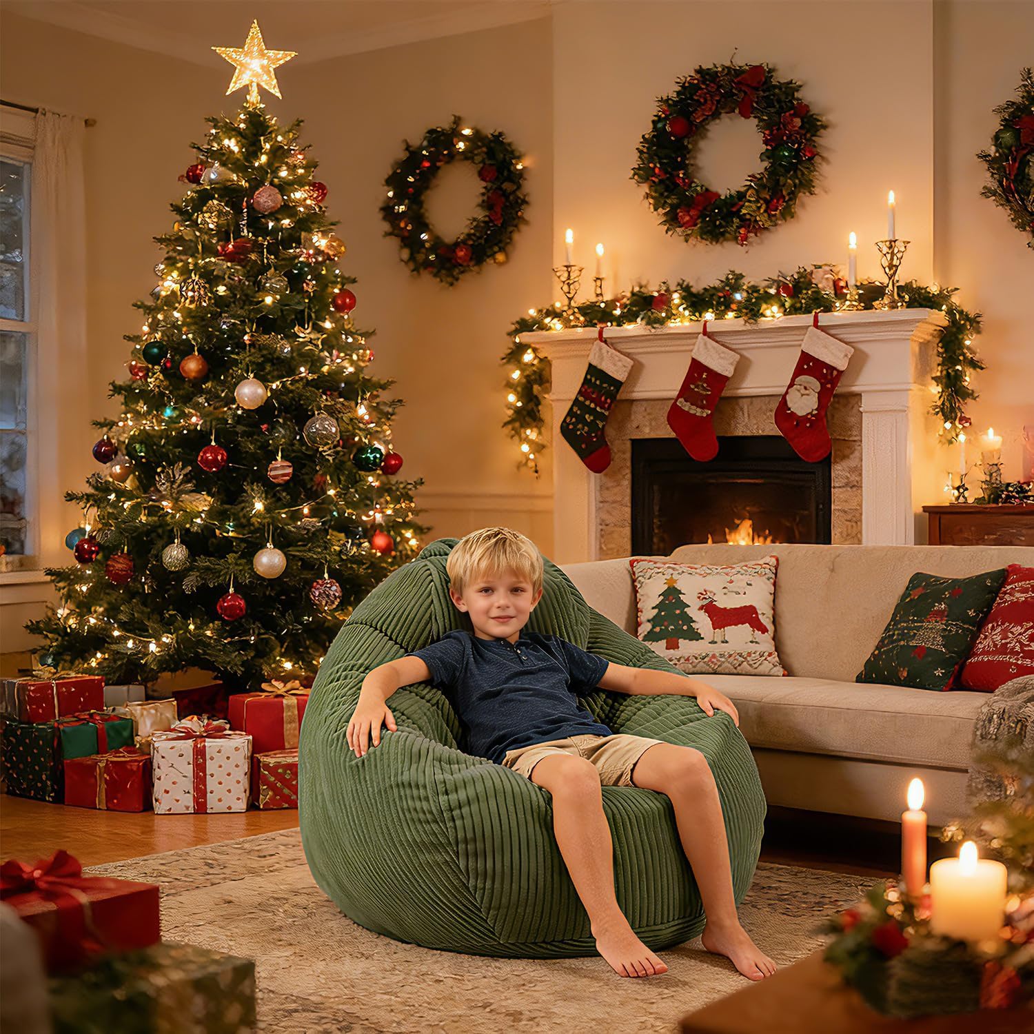 LPMOERA Soft Corduroy Kids Bean Bag Chair with Memory Foam Filling Green | Hidden Zipper,Versatile Home Decor,Floor Sofa,Suitable For Rest & Lounge,Pull-Handle