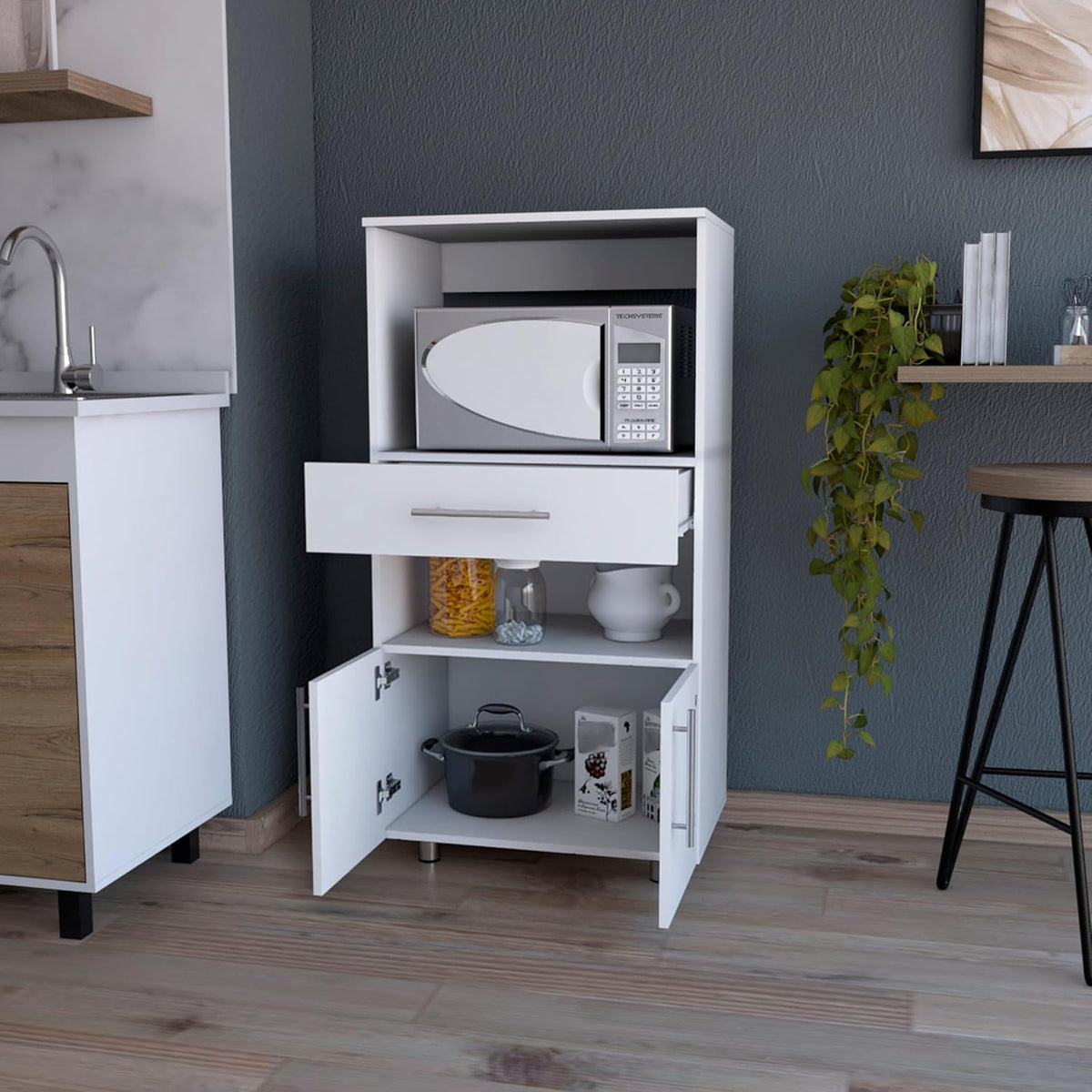 FM FURNITURE Corsica Pantry Cabinet Microwave Stand, Multi-Function with Drawer,White