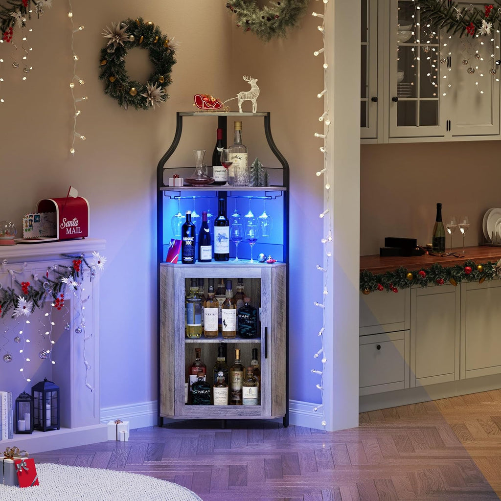 GAOMON Corner Bar Cabinet with LED Strip and Glass Holder, Industrial Wine Cabinet with Adjustble Shelf, 5-Tiers Liquor Cabinet Bar Cabinet for Home, Corner Display Cabinet for Small Space,Grey