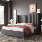 Jocisland King Size Bed Frame Velvet Upholstered Wingback Headboard, Grey