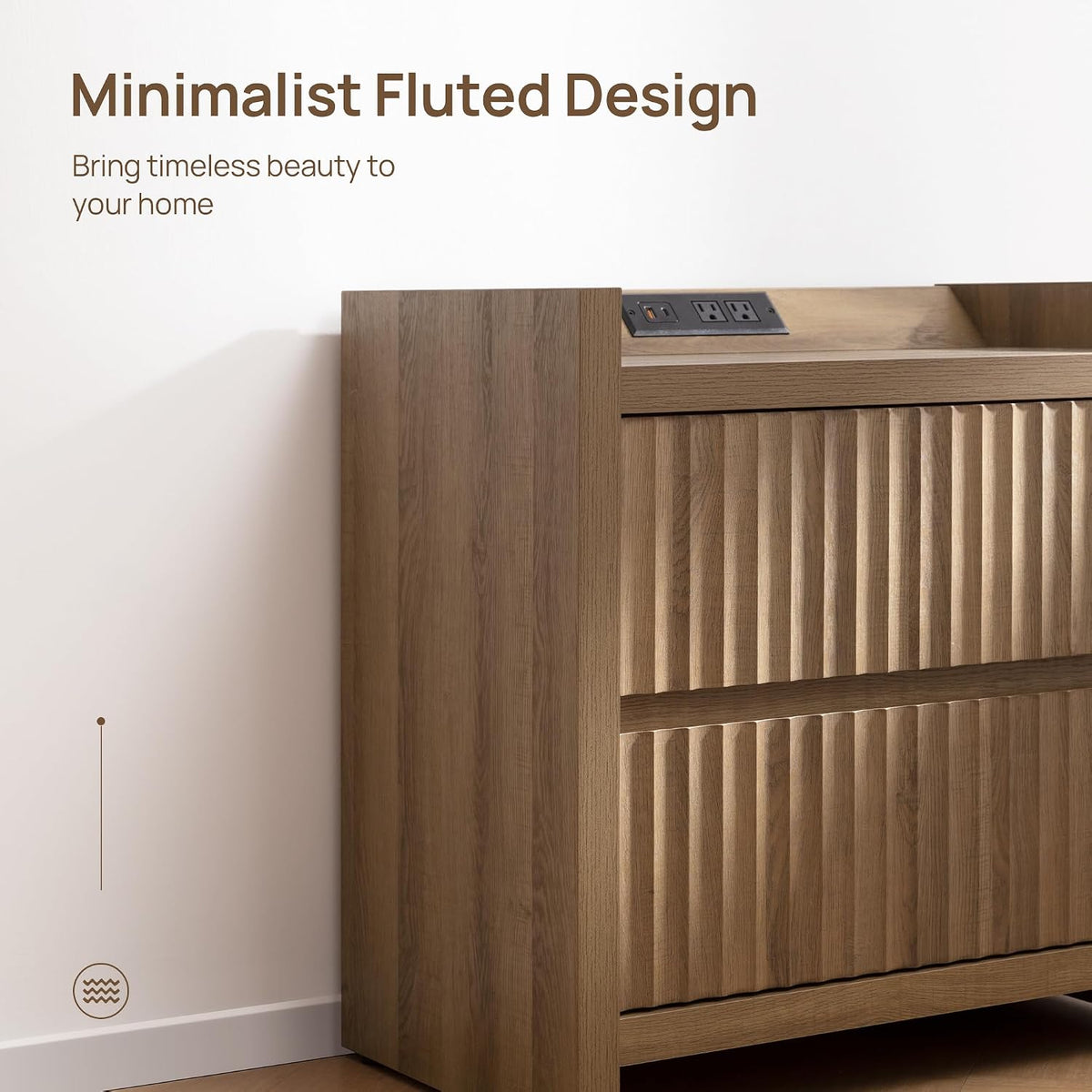 SICOTAS Night Stand Set 2 with Charging Station, Fluted Nightstands | Large Modern Nightstand with 2 Drawers for Bedroom, 25.4" Wide Bedside Table End Side Table for Sofa Side, Caramel Oak