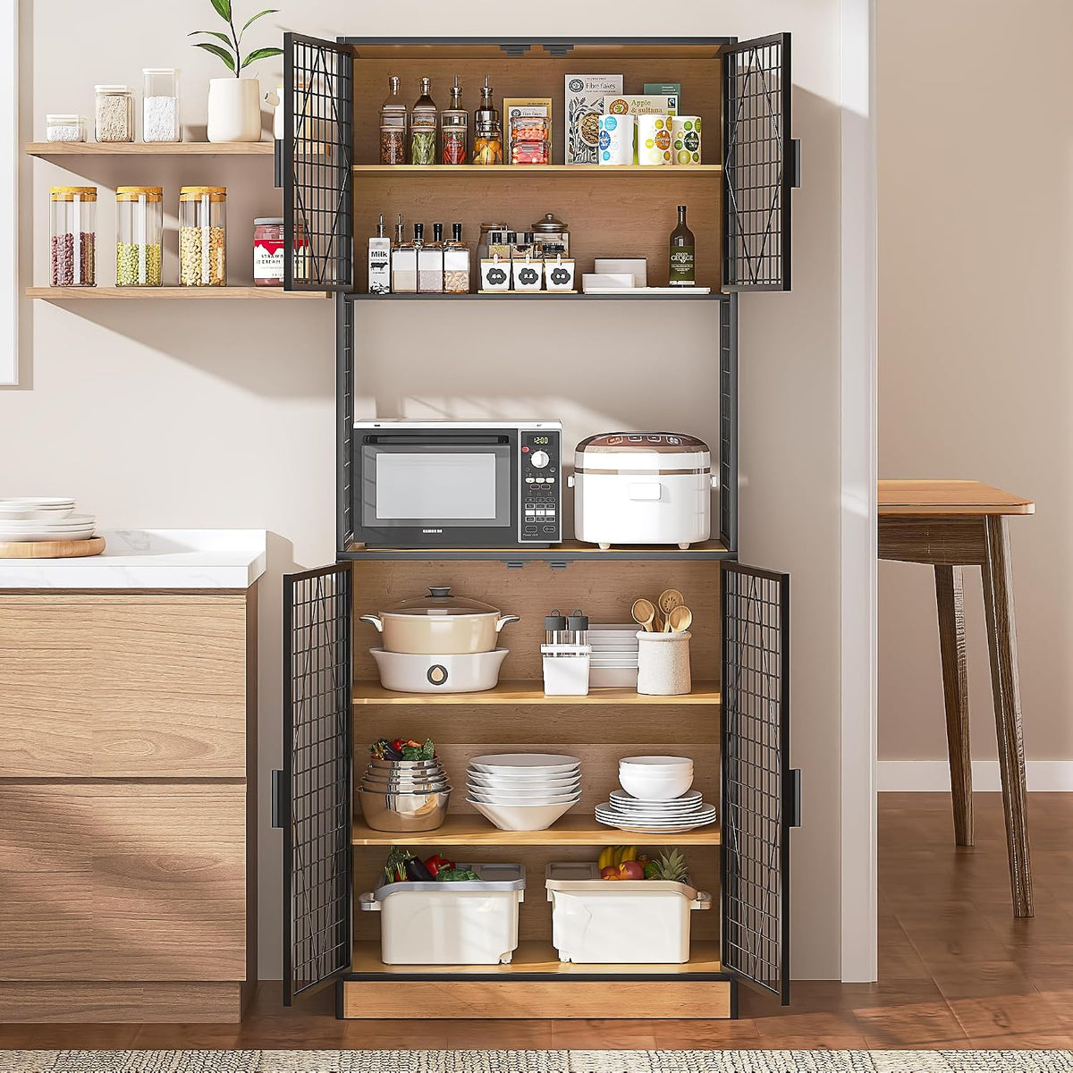 VECELO 72in Tall Kitchen Pantry Cabinet Set of 2 with Doors and Shelves, Large Freestanding Storage Cupboard with Countertop Hutch, Oak
