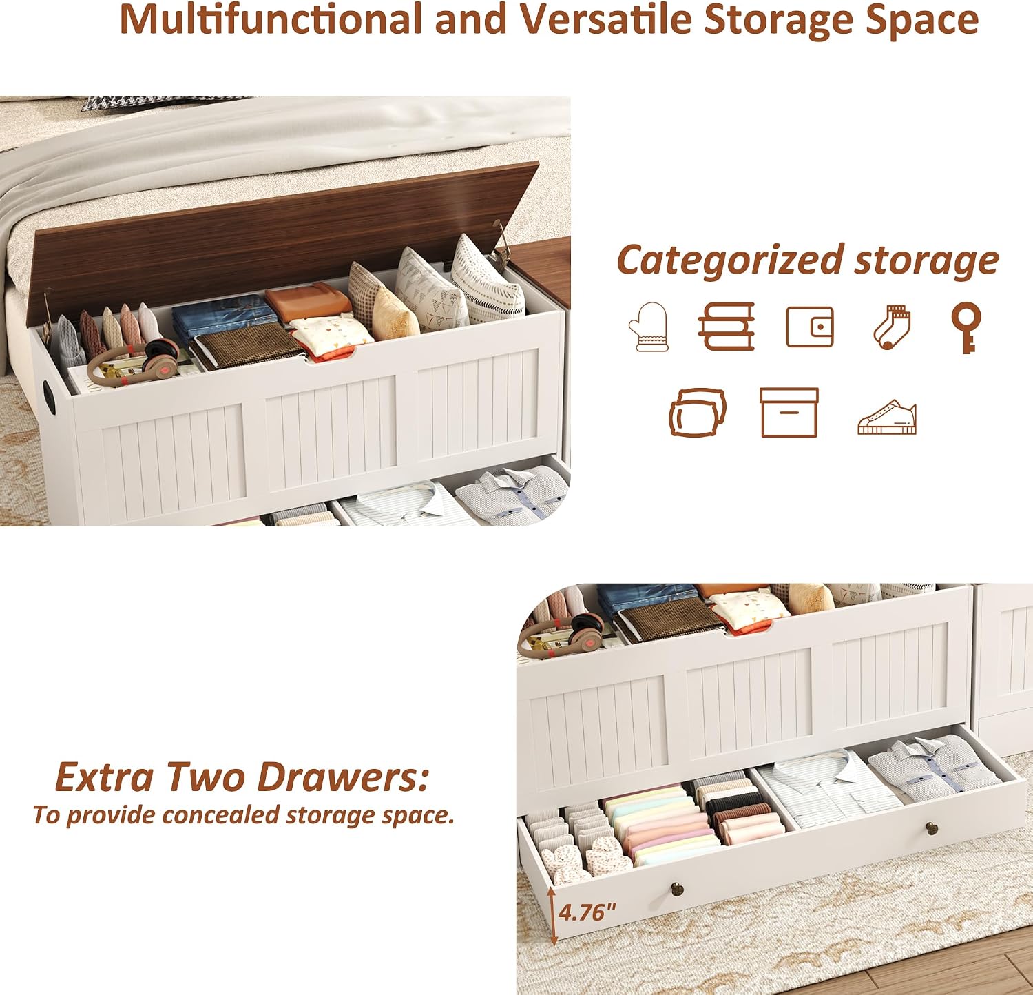 HOMEFORT 44.3" Storage Chest with 2 Drawers, Retro Wooden Storage Trunk with 2 Safety Hinges,Large Shoe Bench with Storage for Entryway, Storage Bench for Bedroom, Living Room, White and Brown