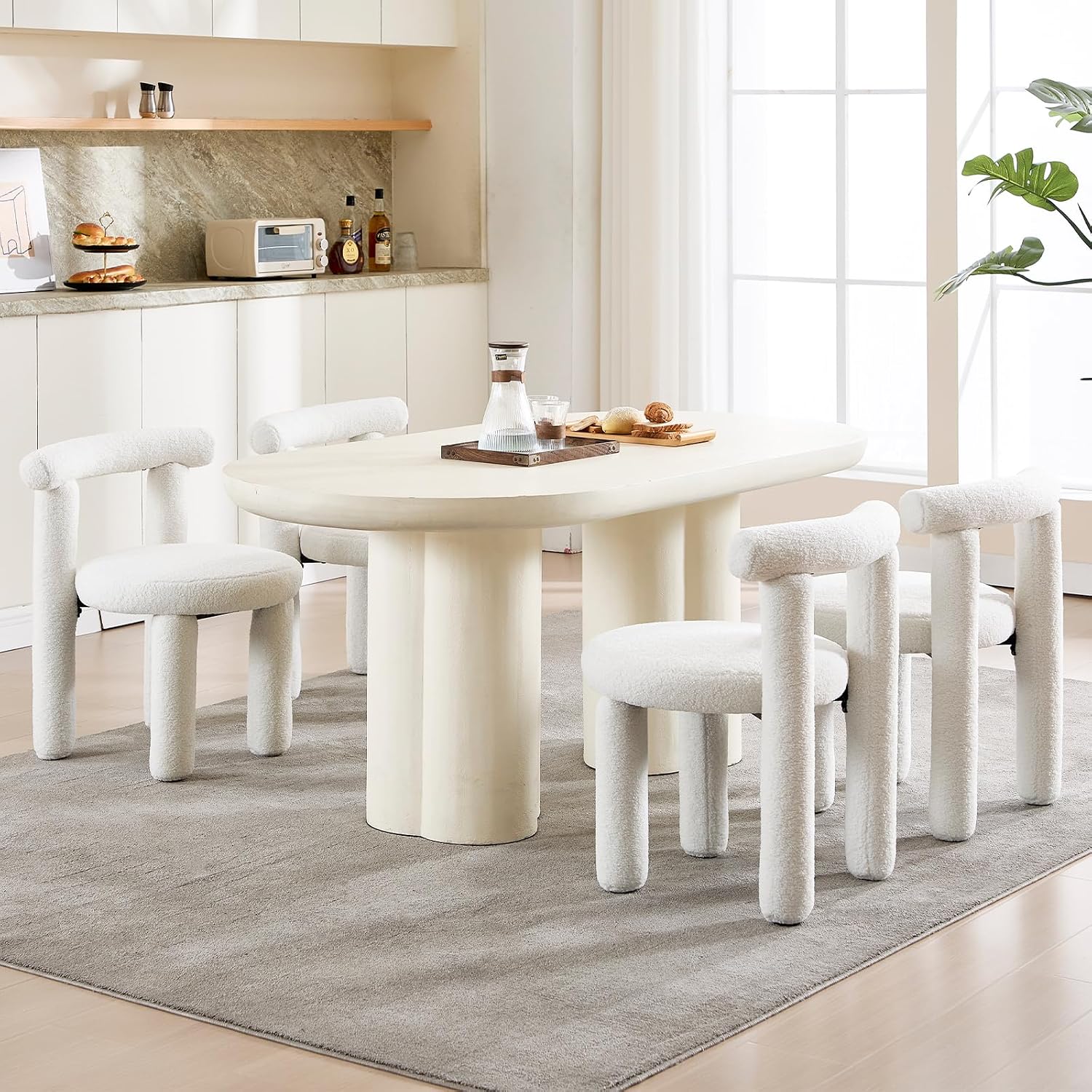 Sherpa Dining Chairs Set of 2, Comfy Boucle Fabric Dining Chairs, Upholstered Modern Kitchen Chairs with Backrest, Armless Accent Side Chair for Bedroom/Living Room, White