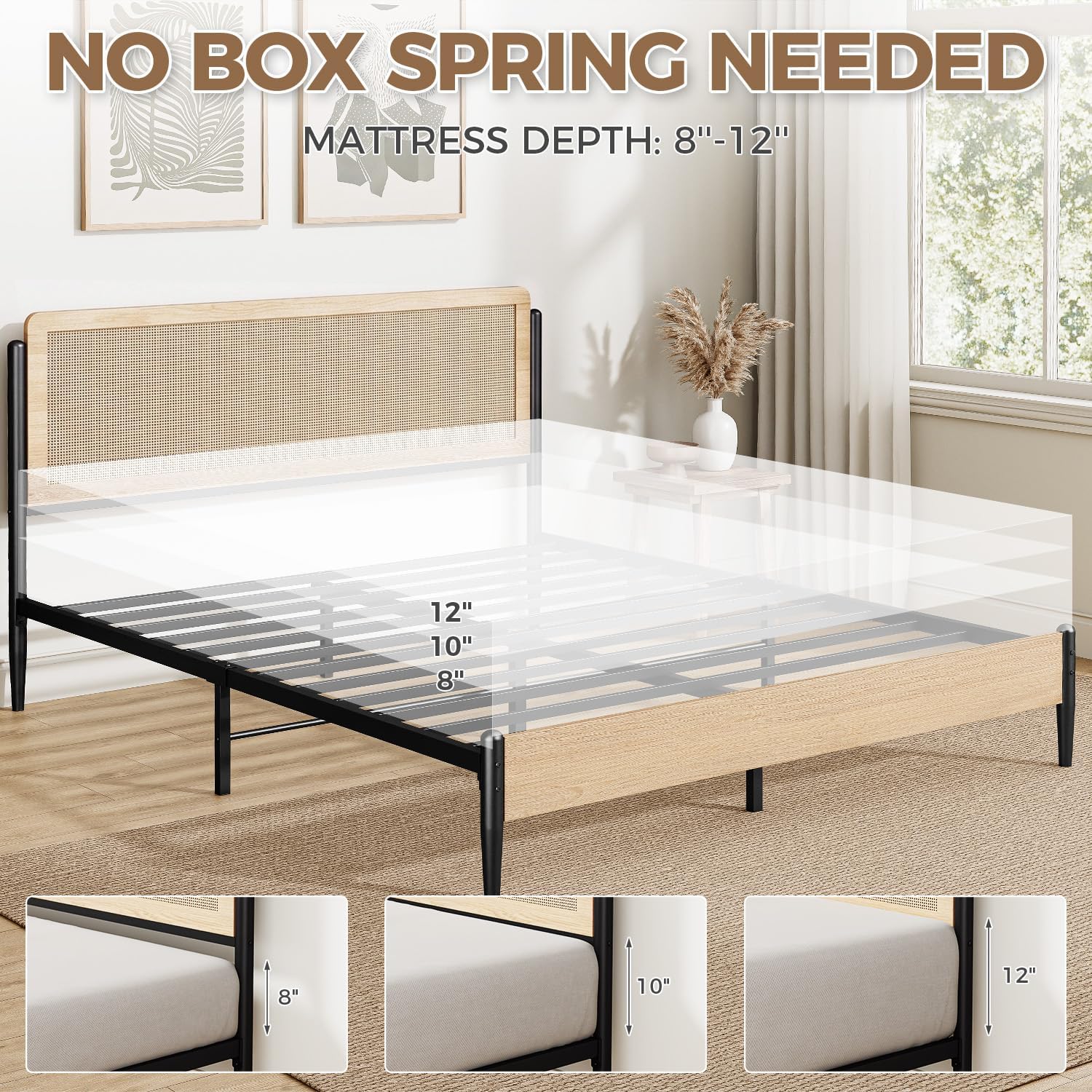 LIKIMIO Natural Rattan Queen Bed Frame with Wooden Headboard