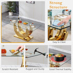 70 inch Tempered Glass Dining Table, Rectangular Glass Kitchen Table with Gold Stainless Steel C Shape Base, 4 to 6 Seater, Modern Dining Room Table for Daily Meals, Dinner Party, Family Gathering