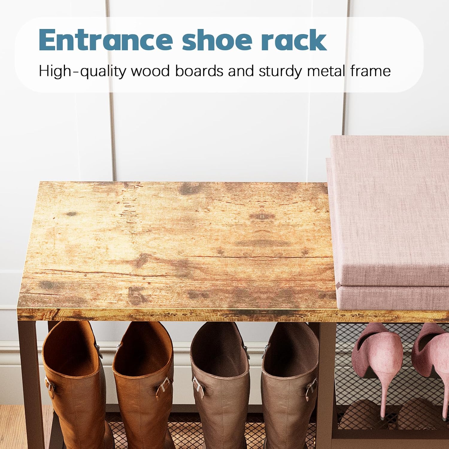 Shoe Rack Bench for Entryway 3-Tier, Free Standing Shoe Racks with Seat Cushion, Narrow Shoe Storage Shelf with Boot Organizer, Shoe Rack for Small Spacesh with Wood Bench (Brown+Brown)