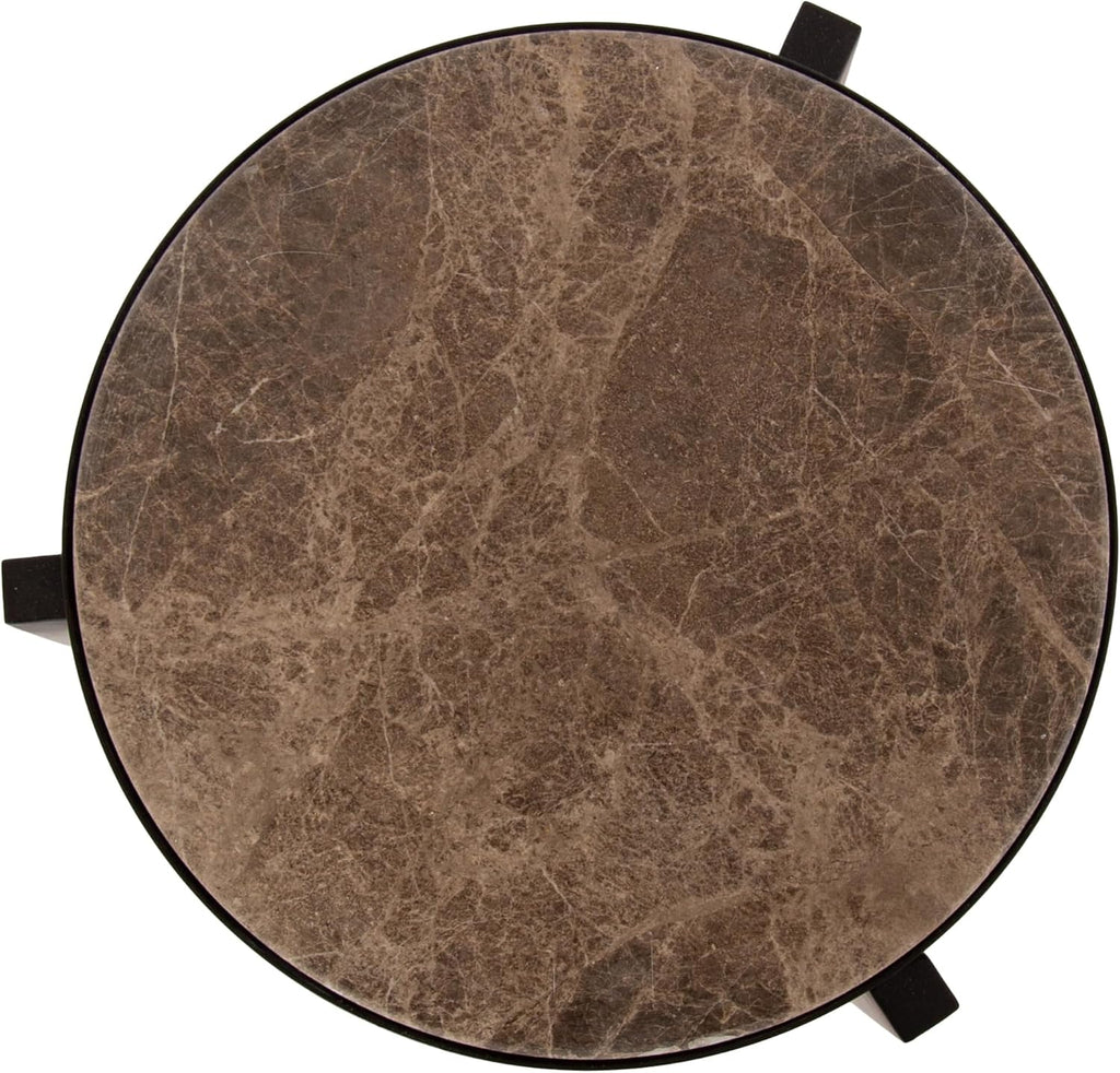 Kate and Laurel Aguilar Modern Round Drink Table, 9 x 9 x 23, Emperador Brown Marble and Black, Genuine Marble Accent Table for Use as Indoor Plant Stand or Pedestal Martini Table
