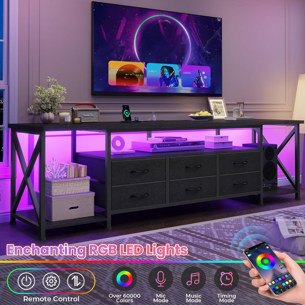 BTHFST TV Stand with LED Lights & Power Outlets, for TVs up to 85 Inches, 6 Fabric Drawers Entertainment Center with Open Storage Shelves, 71" TV Media Console Table for Living Room, Bedroom, Black