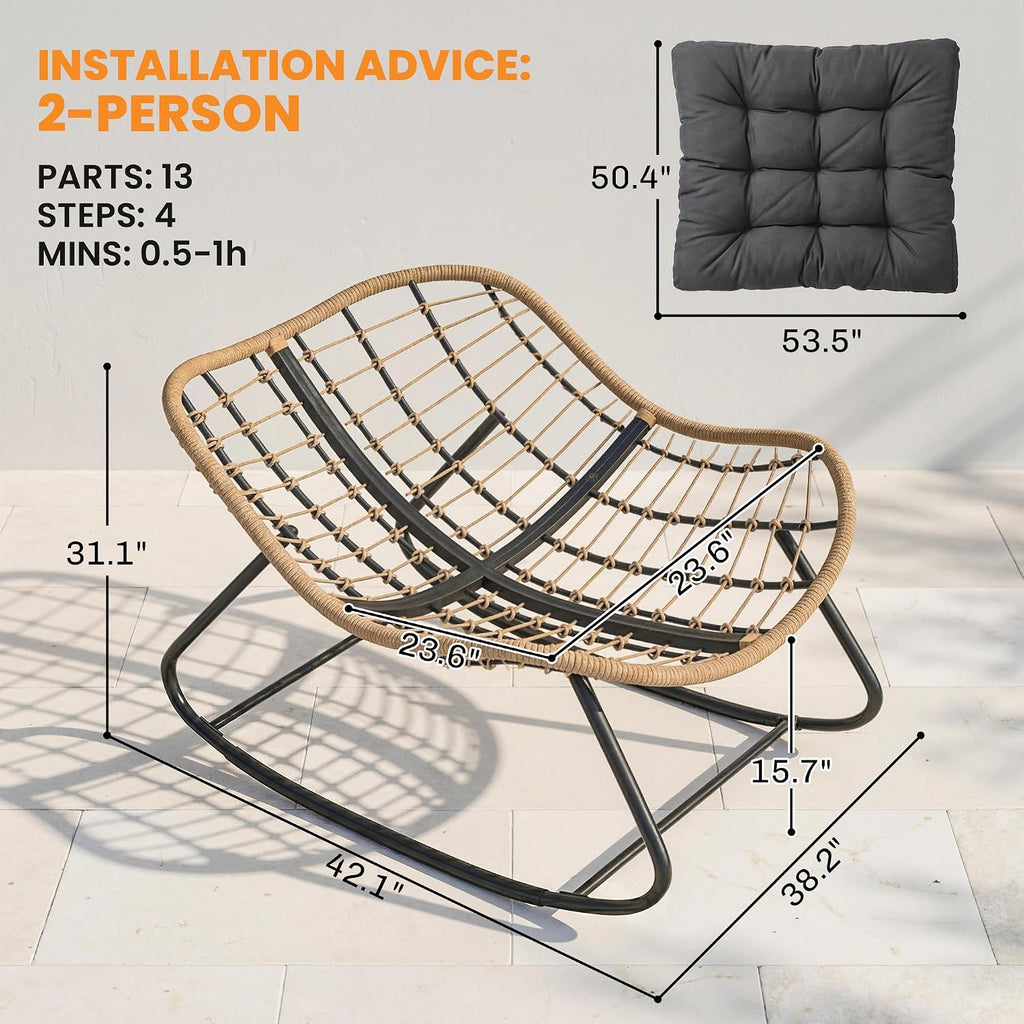 Outsunny Papasan Rocking Chair, Wicker Oversized Indoor Outdoor Rocking Papasan Chair with Cushion, PE Rattan Outdoor Rocker Egg Chairs for Living Room, Garden, Patio, Balcony, Dark Gray