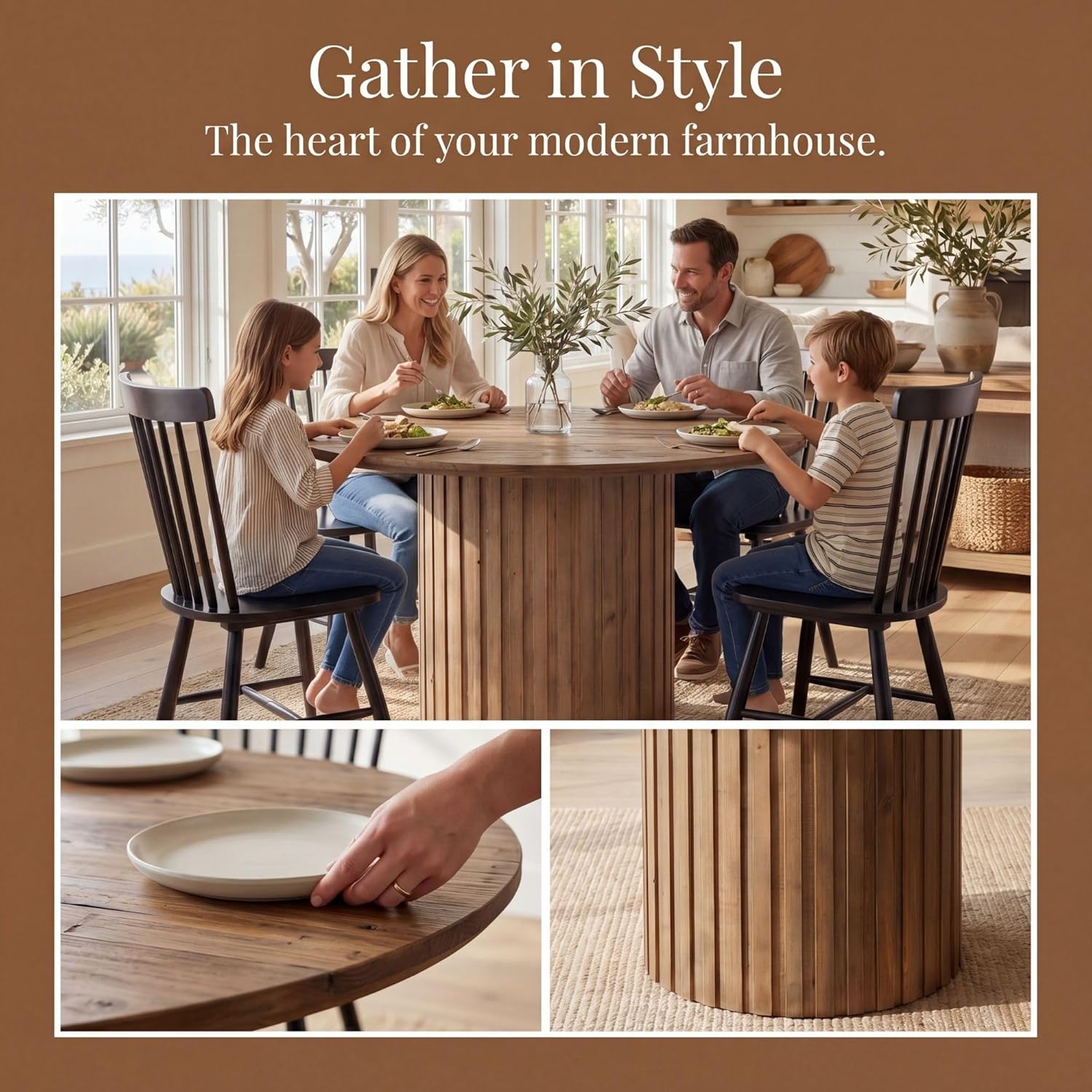 Reclaimed Round Pedestal Dining Table for 4-6 People, 47 Inch Wood Farmhouse Kitchen Table with Fluted Base, Rustic Circular Dining Table for Dining Room, Kitchen & Restaurant, Walnut