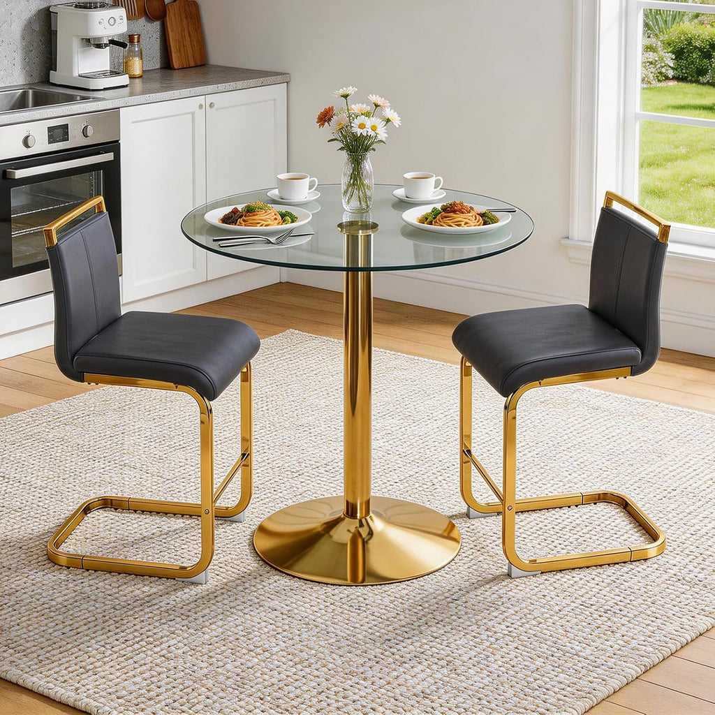 Glass Dining Table Set for 2, Round Bistro Set with Metal Frame, Compact 3-Piece Table and Chairs Set for Small Spaces, Kitchen, Balcony, Living Room, Breakfast Nook (Gold & Black)