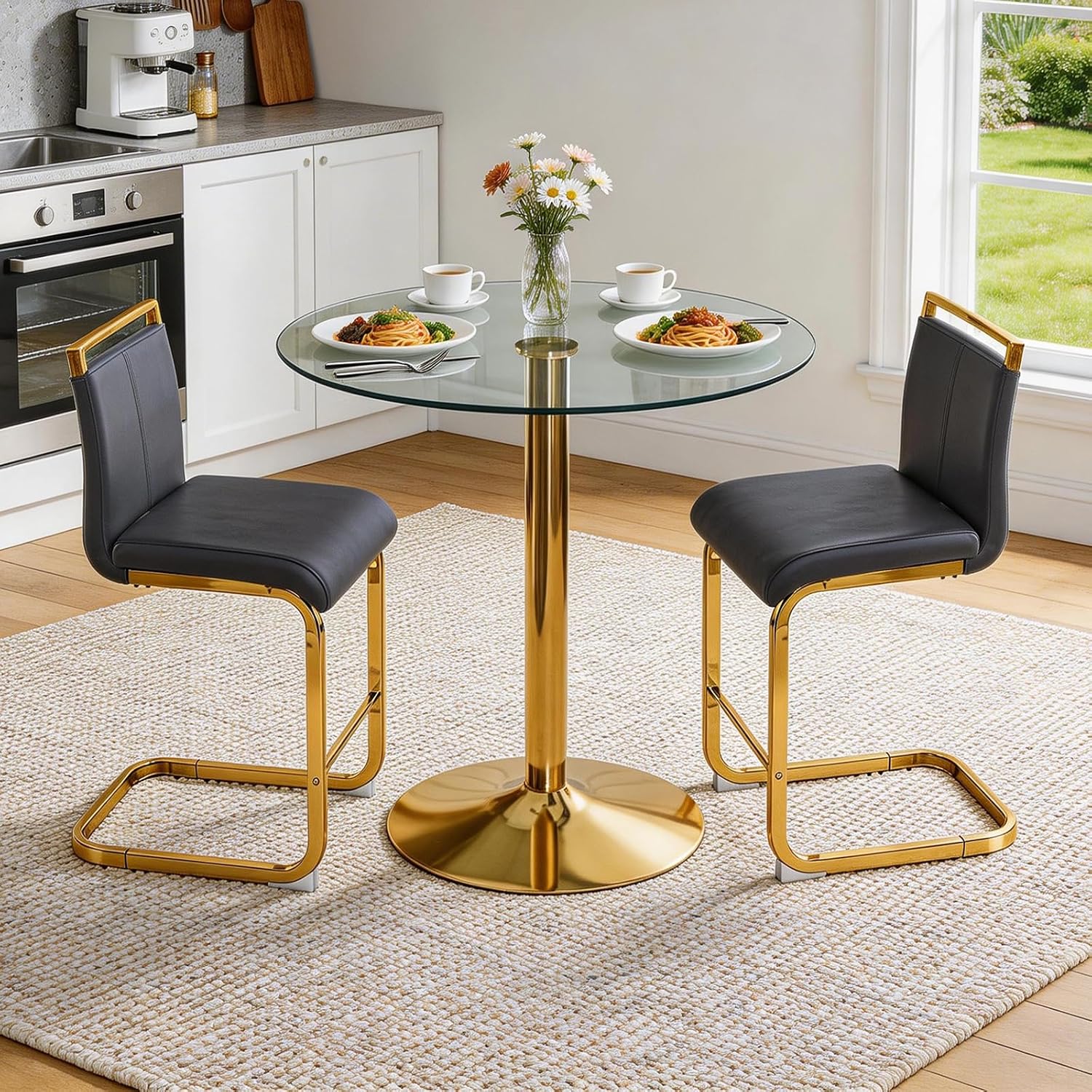 Glass Dining Table Set for 2, Round Bistro Set with Metal Frame, Compact 3-Piece Table and Chairs Set for Small Spaces, Kitchen, Balcony, Living Room, Breakfast Nook (Gold & Black)